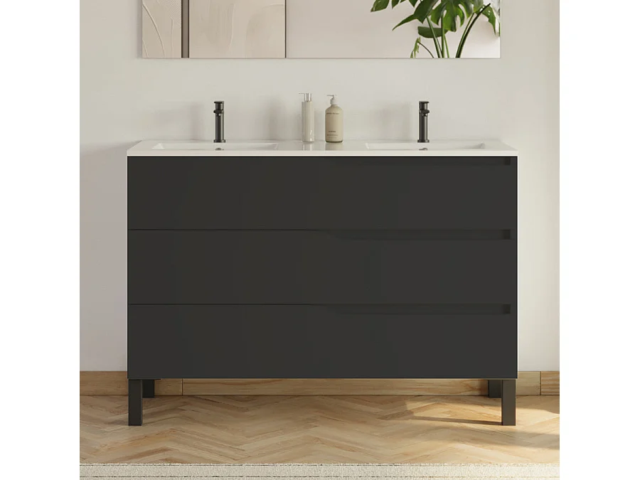 Meuble de salle de bain 120cm avec double vasque - 3 tiroirs et colonne de rangement - noir mat - MATA