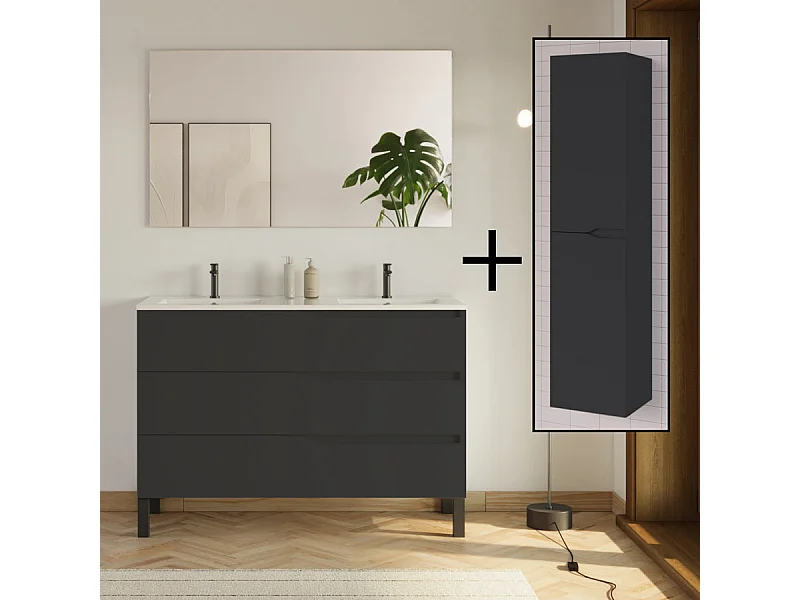 Meuble de salle de bain 120cm avec double vasque - 3 tiroirs et colonne de rangement - noir mat - MATA