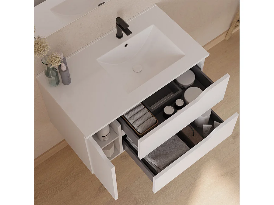 Meuble de salle de bain 80cm avec vasque déportée à droite et miroir - 2 tiroirs et un placard - blanc - ZARZA