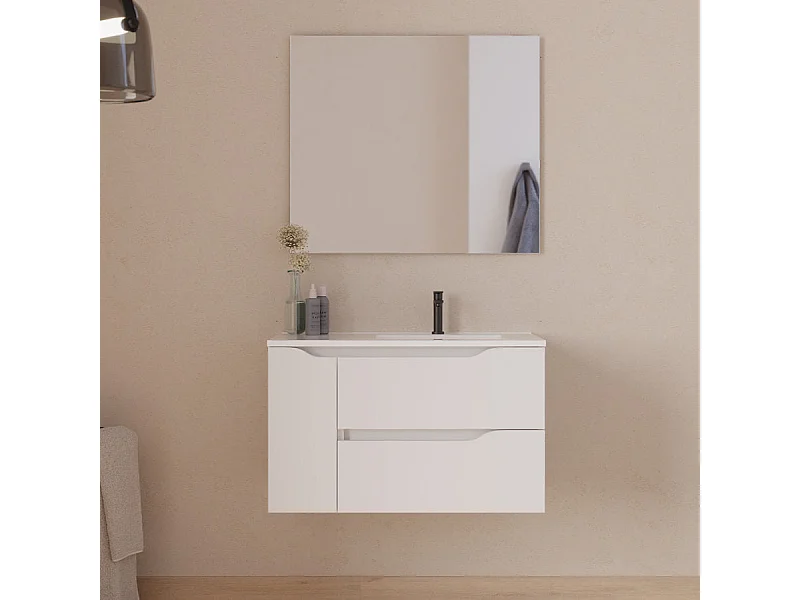 Meuble de salle de bain 80cm avec vasque déportée à droite et miroir - 2 tiroirs et un placard - blanc - ZARZA