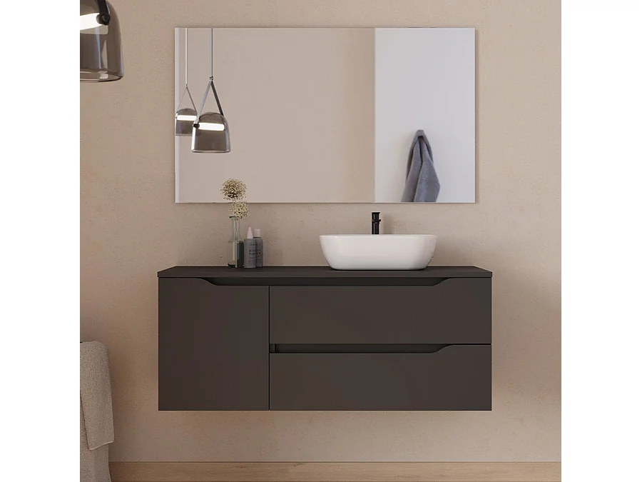 Meuble de salle de bain 120cm avec plateau, vasque à poser déportée à droite Zeus et miroir - 2 tiroirs et un placard - noir - ZARZA