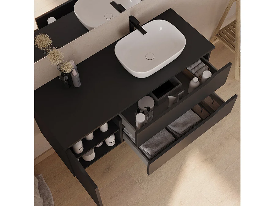 Meuble de salle de bain 120cm avec plateau, vasque à poser déportée à droite Zeus et miroir - 2 tiroirs et un placard - noir - ZARZA