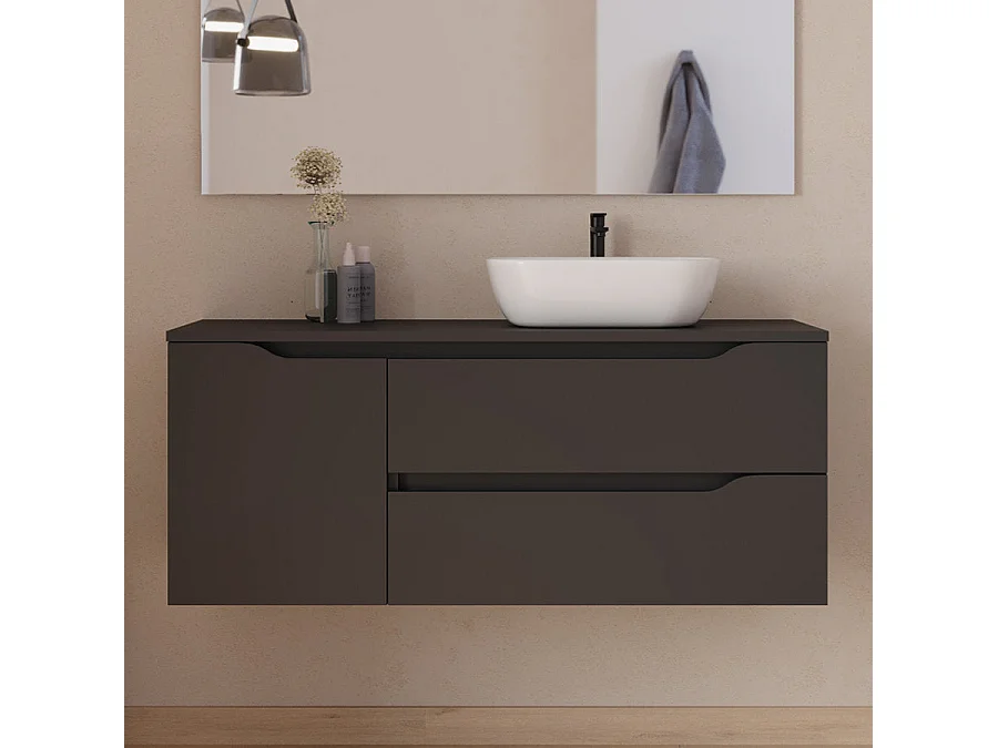 Meuble de salle de bain 120cm avec plateau, vasque à poser déportée à droite Zeus et miroir - 2 tiroirs et un placard - noir - ZARZA