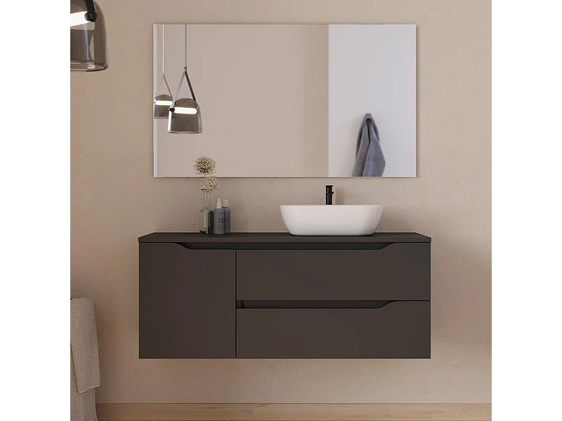 Meuble de salle de bain 120cm avec plateau, vasque à poser déportée à droite Zeus et miroir - 2 tiroirs et un placard - noir - ZARZA