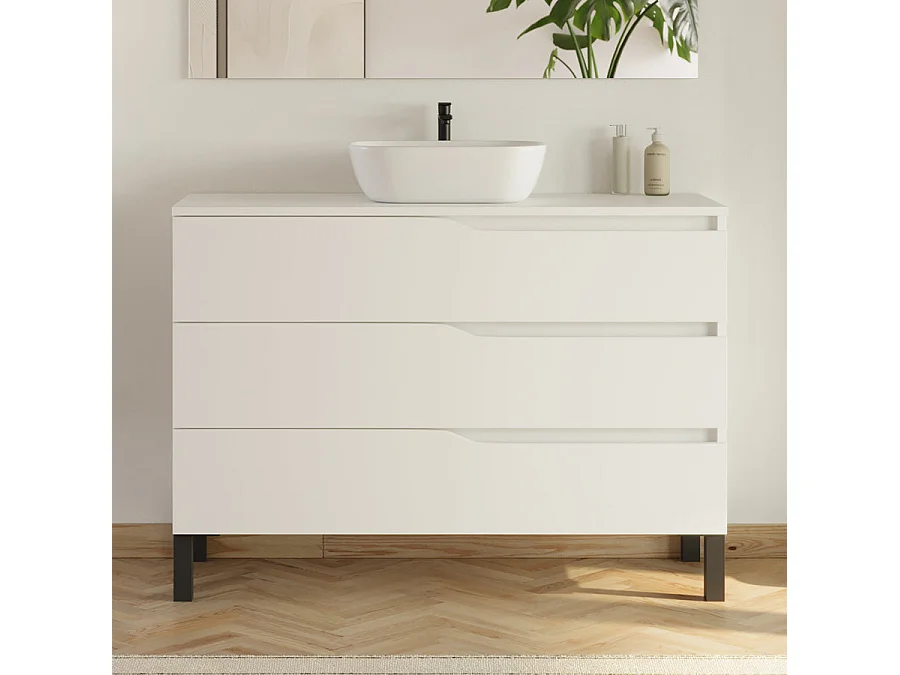 Meuble de salle de bain 120cm avec plateau et vasque ronde Zeus - 3 tiroirs et colonne de rangement - blanc mat - MATA