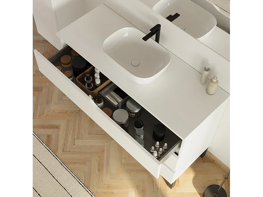 Meuble de salle de bain 120cm avec plateau et vasque ronde Zeus - 3 tiroirs et colonne de rangement - blanc mat - MATA