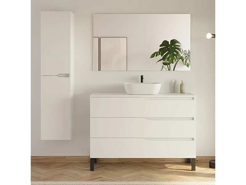 Meuble de salle de bain 120cm avec plateau et vasque ronde Zeus - 3 tiroirs et colonne de rangement - blanc mat - MATA