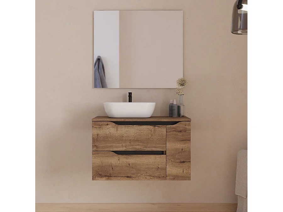 Meuble de salle de bain 80cm avec plateau et vasque à poser à gauche Zeus - sans miroir - 2 tiroirs et un placard - tabaco (bois foncé) - ZARZA