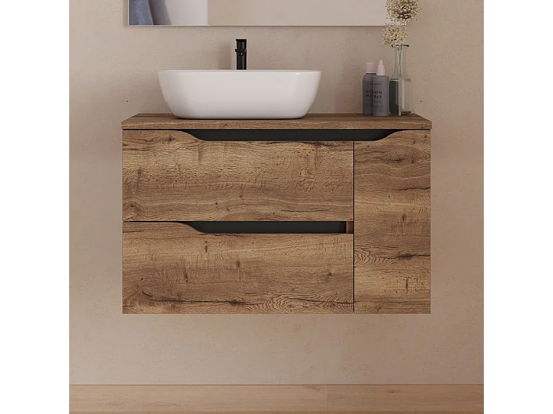 Meuble de salle de bain 80cm avec plateau et vasque à poser à gauche Zeus - sans miroir - 2 tiroirs et un placard - tabaco (bois foncé) - ZARZA
