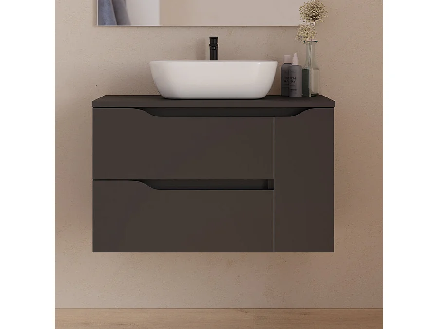 Meuble de salle de bain 80cm avec plateau, vasque à poser centrée Zeus et miroir - 2 tiroirs et un placard - noir - ZARZA