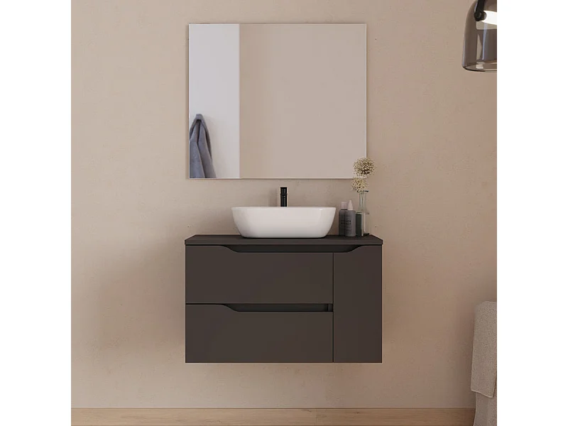 Meuble de salle de bain 80cm avec plateau, vasque à poser centrée Zeus et miroir - 2 tiroirs et un placard - noir - ZARZA