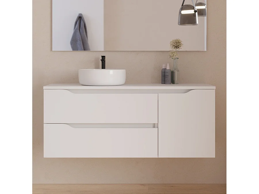 Meuble de salle de bain 120cm avec plateau, vasque à poser déportée à gauche Ares et miroir - 2 tiroirs et un placard - blanc - ZARZA