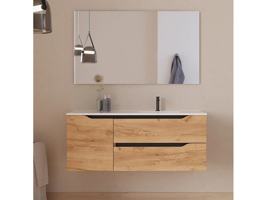 Meuble de salle de bain 120cm avec vasque déportée à droite et miroir - 2 tiroirs et un placard - roble (chêne clair) - ZARZA