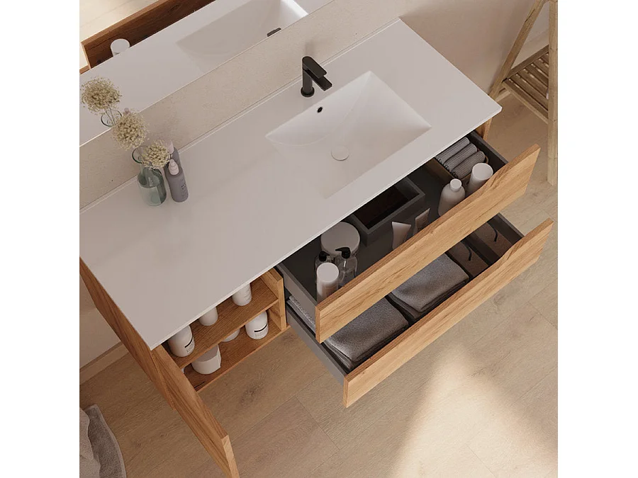 Meuble de salle de bain 120cm avec vasque déportée à droite et miroir - 2 tiroirs et un placard - roble (chêne clair) - ZARZA