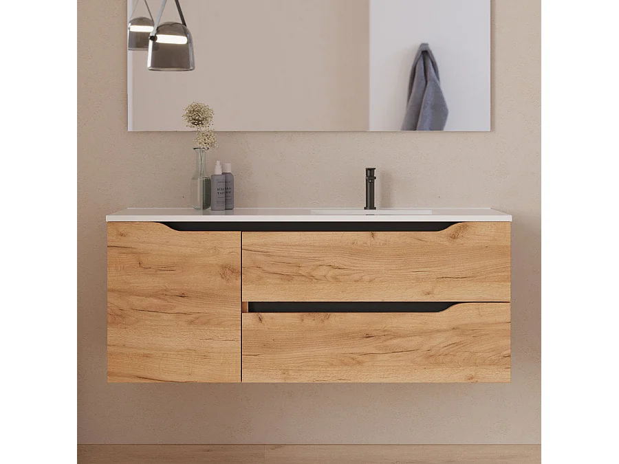 Meuble de salle de bain 120cm avec vasque déportée à droite et miroir - 2 tiroirs et un placard - roble (chêne clair) - ZARZA