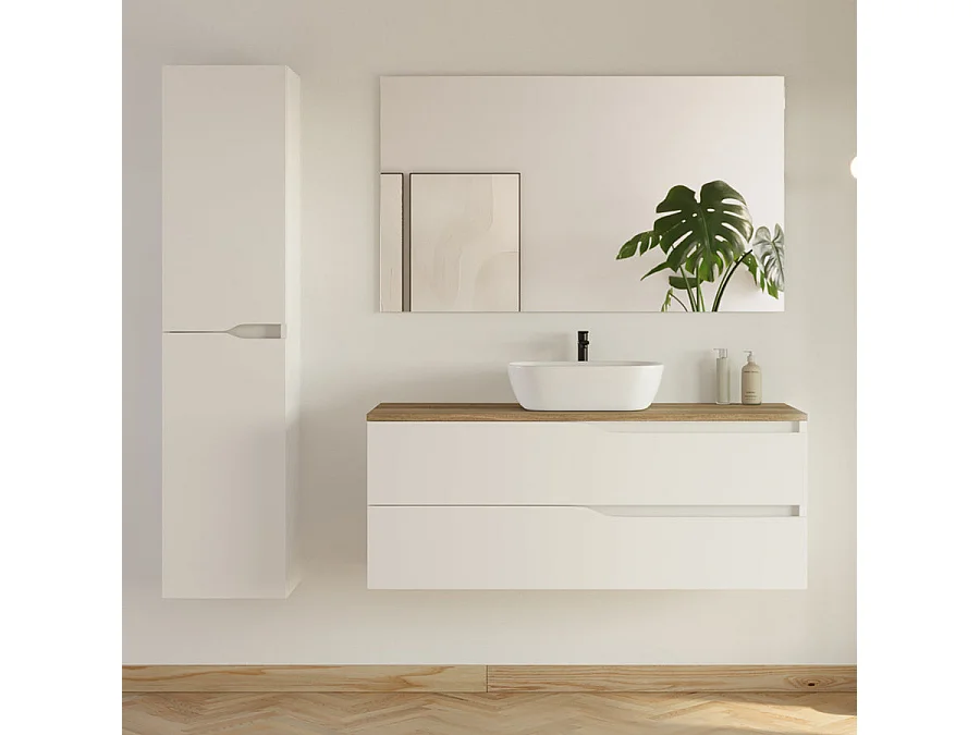 Meuble de salle de bain 120cm avec plateau et vasque ronde Zeus - 2 tiroirs et colonne de rangement - blanc mat/medera miel - LUNA