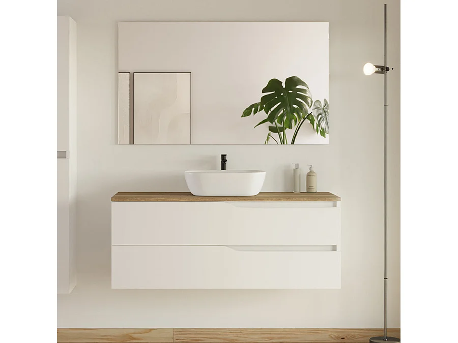 Meuble de salle de bain 120cm avec plateau et vasque ronde Zeus - 2 tiroirs et colonne de rangement - blanc mat/medera miel - LUNA