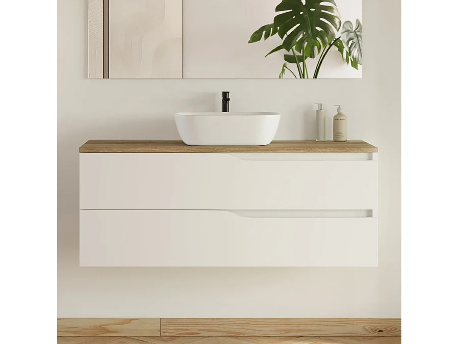 Meuble de salle de bain 120cm avec plateau et vasque ronde Zeus - 2 tiroirs et colonne de rangement - blanc mat/medera miel - LUNA