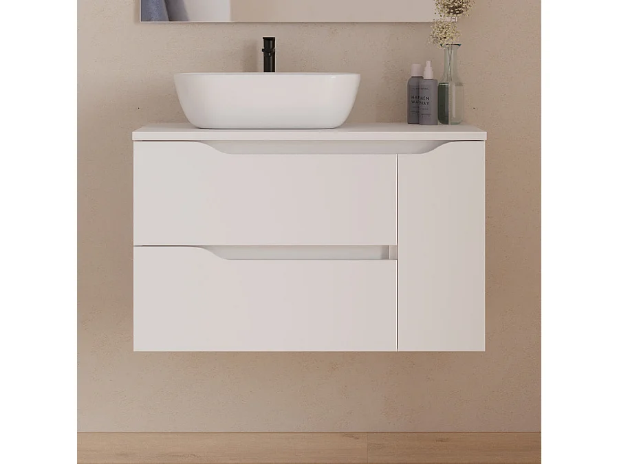 Meuble de salle de bain 80cm avec plateau et vasque à poser à gauche Zeus - sans miroir - 2 tiroirs et un placard - blanc - ZARZA