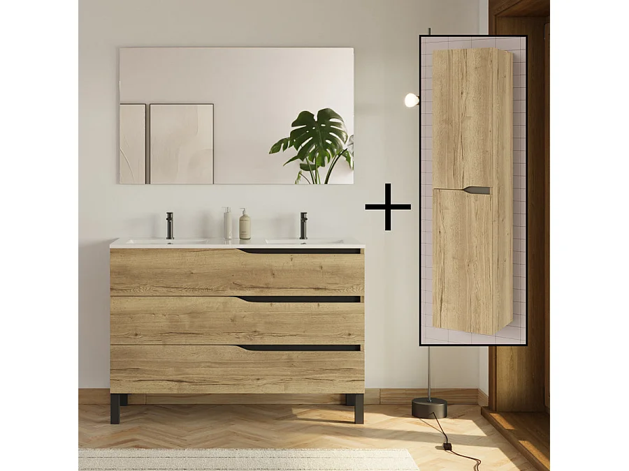 Meuble de salle de bain 120cm avec double vasque - 3 tiroirs et colonne de rangement - madera miel (bois clair) - MATA