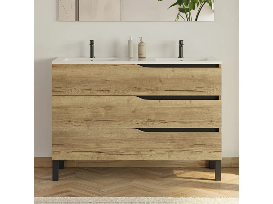 Meuble de salle de bain 120cm avec double vasque - 3 tiroirs et colonne de rangement - madera miel (bois clair) - MATA