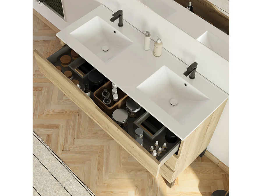Meuble de salle de bain 120cm avec double vasque - 3 tiroirs et colonne de rangement - madera miel (bois clair) - MATA