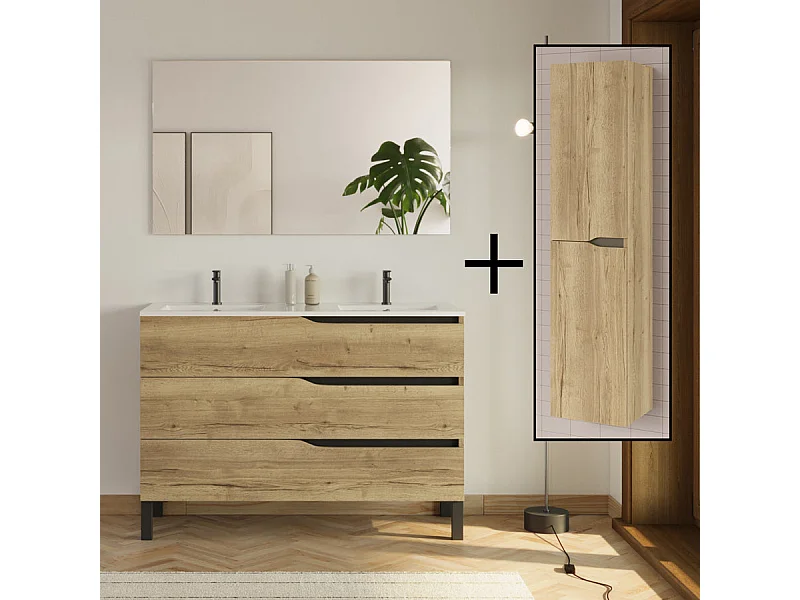 Meuble de salle de bain 120cm avec double vasque - 3 tiroirs et colonne de rangement - madera miel (bois clair) - MATA
