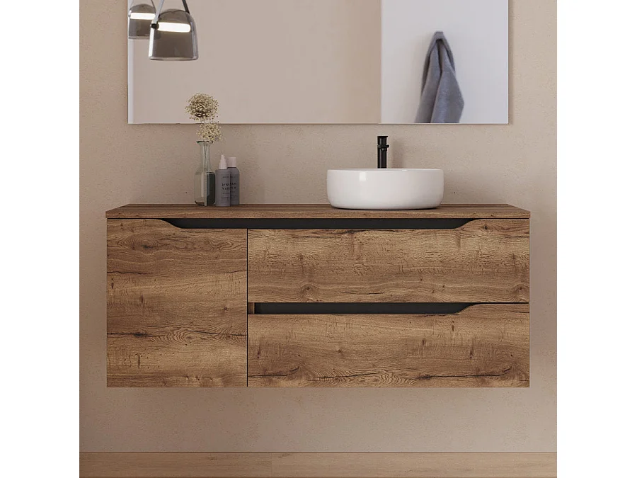Meuble de salle de bain 120cm avec plateau et vasque à poser à droite Ares - sans miroir - 2 tiroirs et un placard - tabaco (bois foncé) - ZARZA