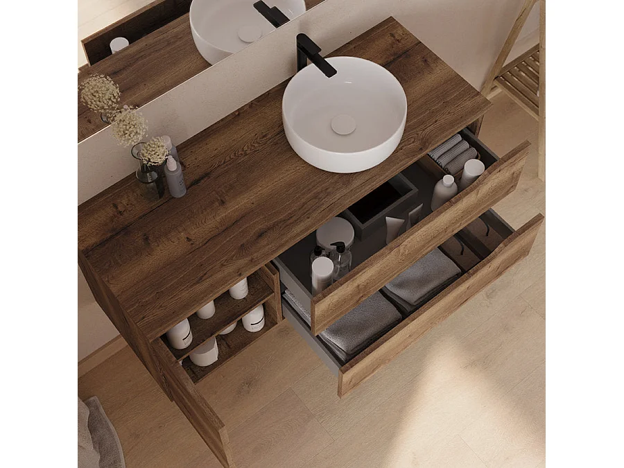 Meuble de salle de bain 120cm avec plateau et vasque à poser à droite Ares - sans miroir - 2 tiroirs et un placard - tabaco (bois foncé) - ZARZA