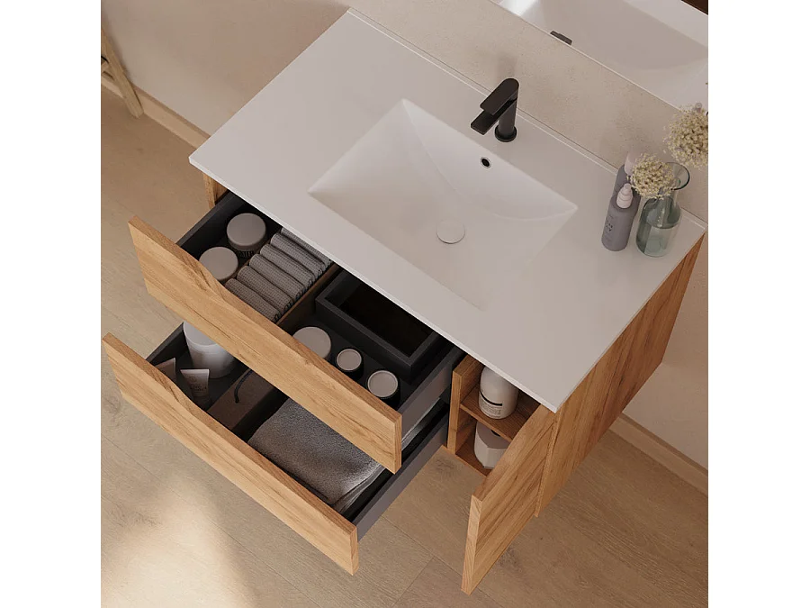 Meuble de salle de bain 80cm avec vasque centrée - sans miroir - 2 tiroirs et un placard - roble (chêne clair) - ZARZA