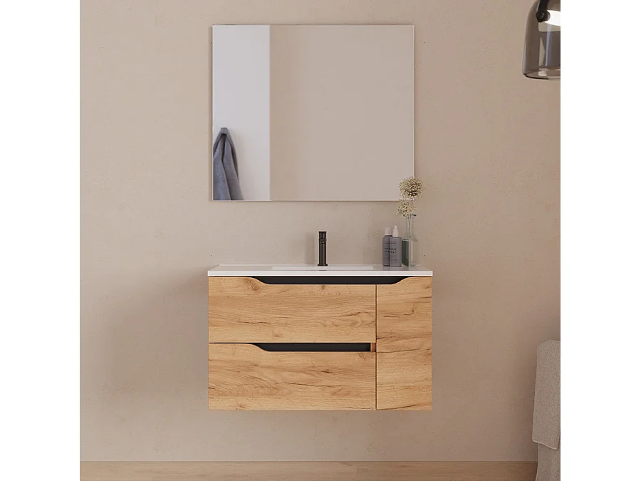 Meuble de salle de bain 80cm avec vasque centrée - sans miroir - 2 tiroirs et un placard - roble (chêne clair) - ZARZA