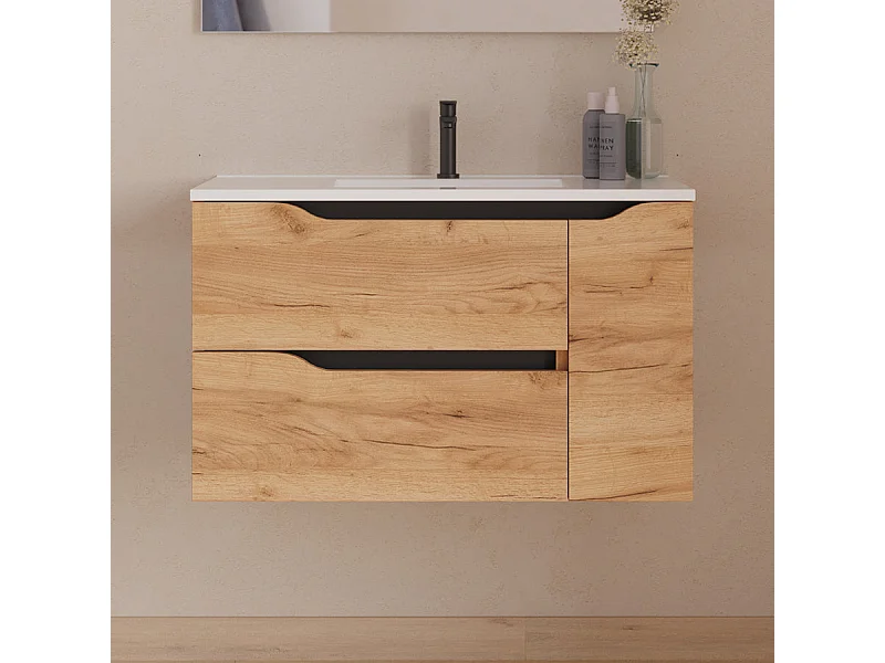 Meuble de salle de bain 80cm avec vasque centrée - sans miroir - 2 tiroirs et un placard - roble (chêne clair) - ZARZA