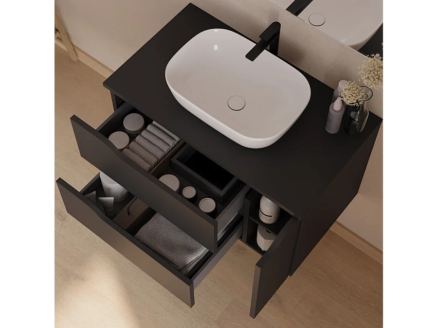 Meuble de salle de bain 80cm avec plateau et vasque à poser centrée Zeus - sans miroir - 2 tiroirs et un placard - noir - ZARZA