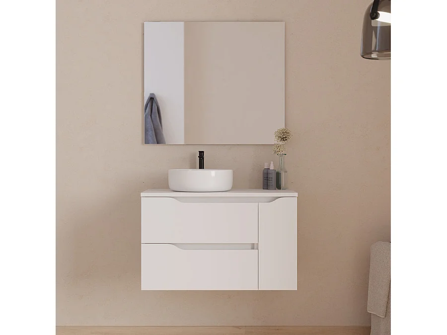 Meuble de salle de bain 80cm avec plateau, vasque à poser déportée à gauche Ares et miroir - 2 tiroirs et un placard - blanc - ZARZA