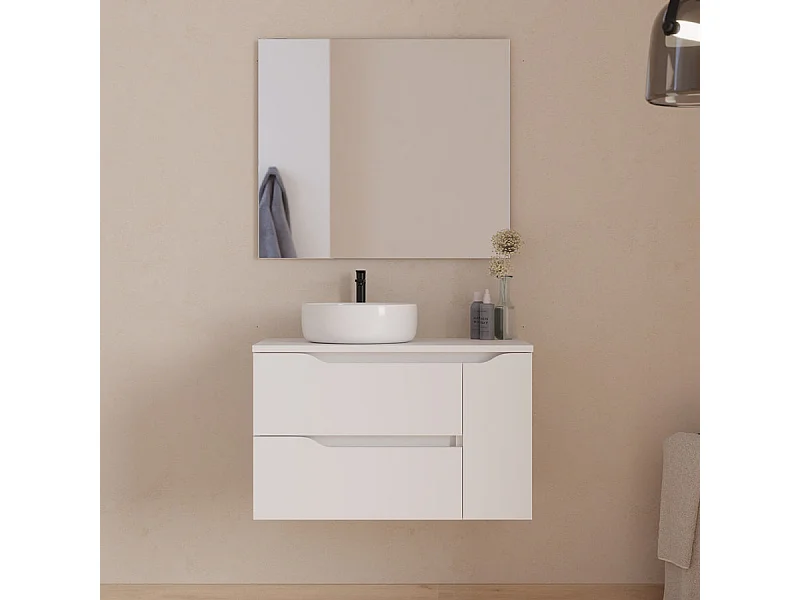 Meuble de salle de bain 80cm avec plateau, vasque à poser déportée à gauche Ares et miroir - 2 tiroirs et un placard - blanc - ZARZA