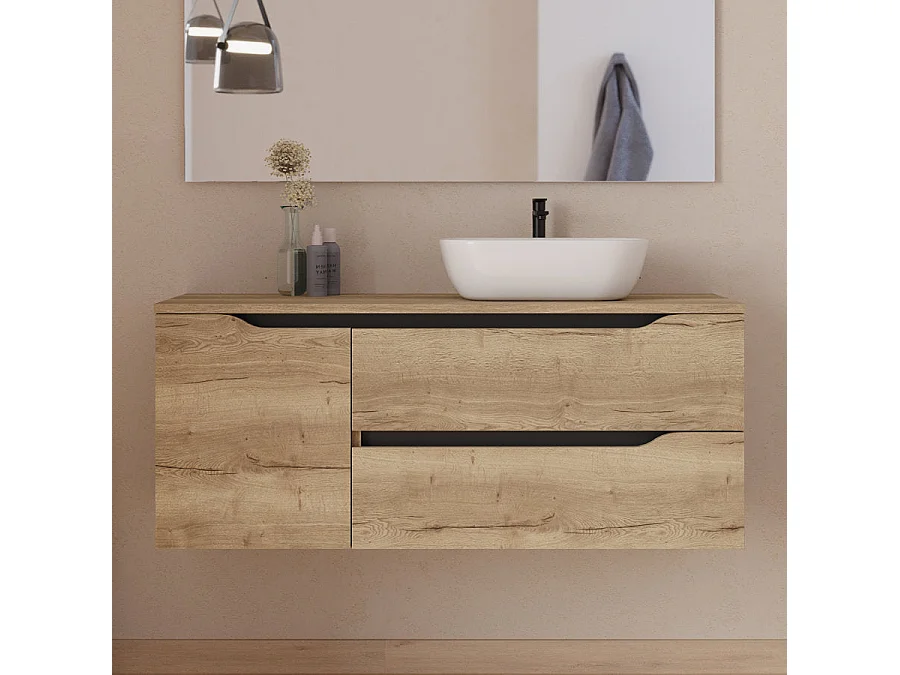 Meuble de salle de bain 120cm avec plateau et vasque à poser à droite Zeus - sans miroir - 2 tiroirs et un placard - madera miel (bois clair) - ZARZA
