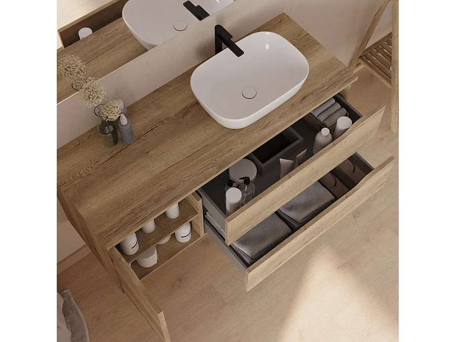 Meuble de salle de bain 120cm avec plateau et vasque à poser à droite Zeus - sans miroir - 2 tiroirs et un placard - madera miel (bois clair) - ZARZA