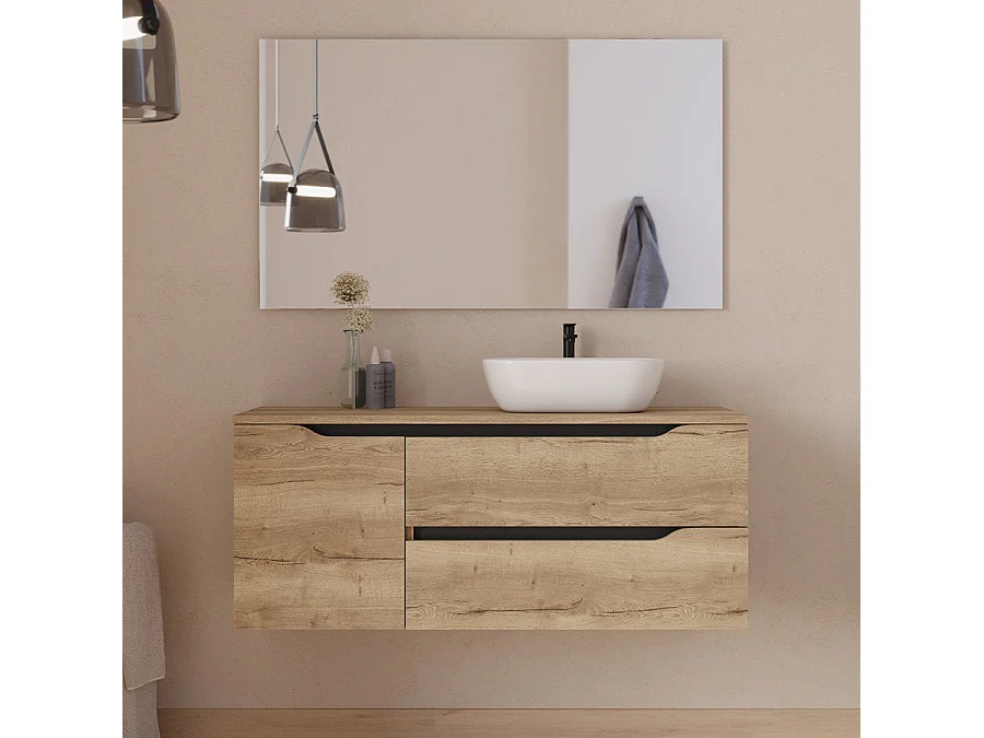 Meuble de salle de bain 120cm avec plateau et vasque à poser à droite Zeus - sans miroir - 2 tiroirs et un placard - madera miel (bois clair) - ZARZA