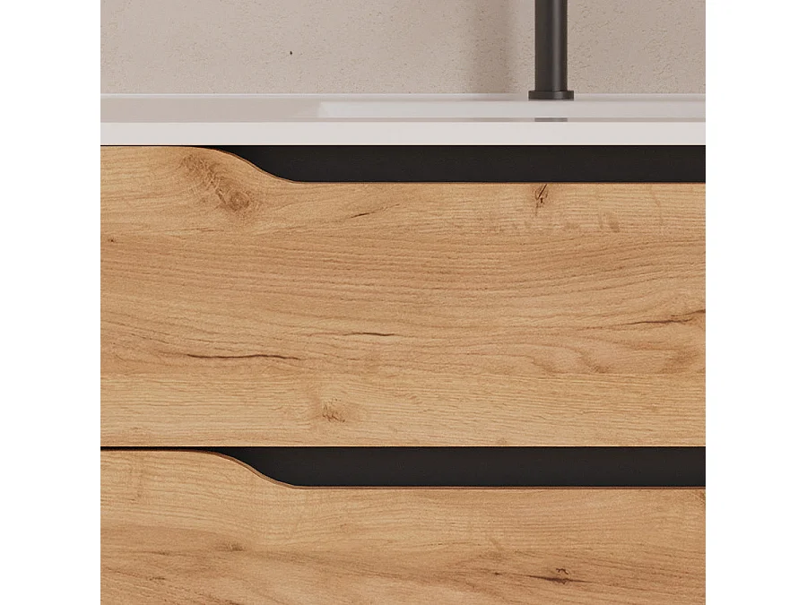 Meuble de salle de bain 120cm avec vasque déportée à gauche et miroir - 2 tiroirs et un placard - roble (chêne clair) - ZARZA