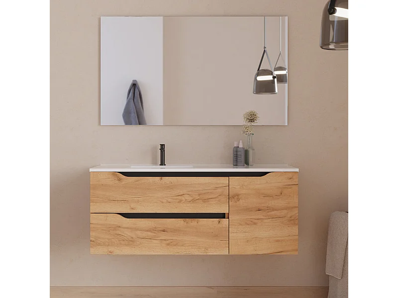 Meuble de salle de bain 120cm avec vasque déportée à gauche et miroir - 2 tiroirs et un placard - roble (chêne clair) - ZARZA