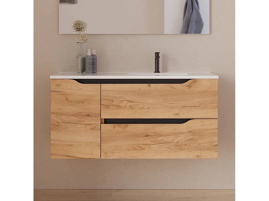 Meuble de salle de bain 100cm avec vasque déportée à droite et miroir - 2 tiroirs et un placard - roble (chêne clair) - ZARZA