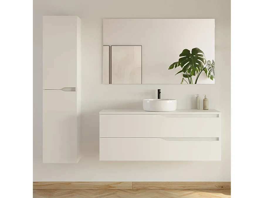 Meuble de salle de bain 120cm avec plateau et vasque ronde Ares - 2 tiroirs et colonne de rangement - blanc mat - LUNA
