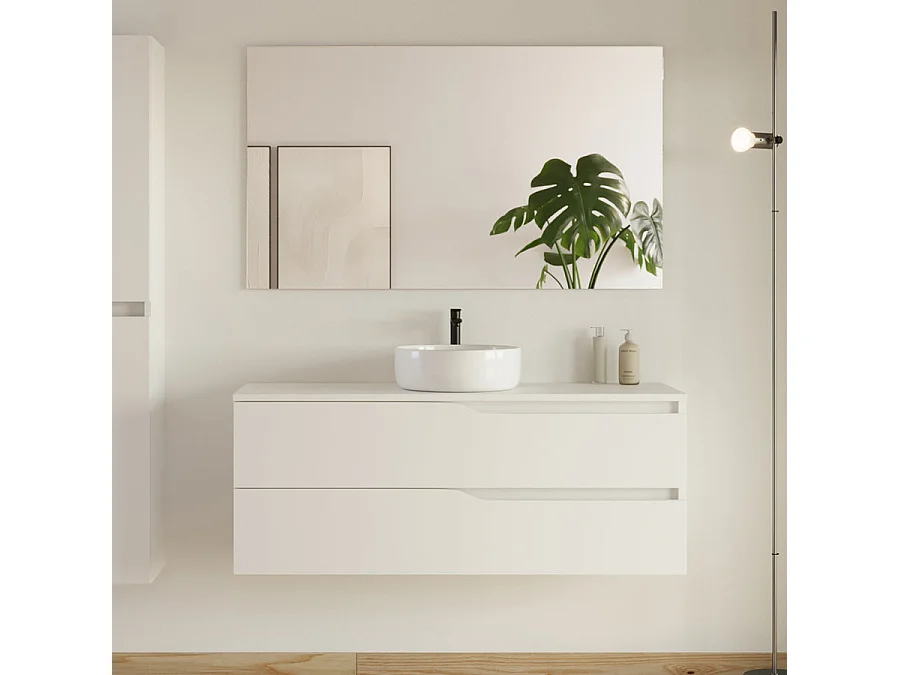 Meuble de salle de bain 120cm avec plateau et vasque ronde Ares - 2 tiroirs et colonne de rangement - blanc mat - LUNA