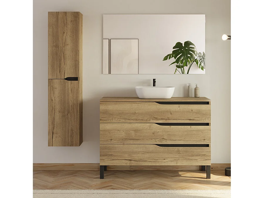 Meuble de salle de bain 120cm avec plateau et vasque ronde Zeus - 3 tiroirs et colonne de rangement - madera miel (bois clair) - MATA