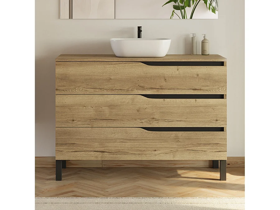 Meuble de salle de bain 120cm avec plateau et vasque ronde Zeus - 3 tiroirs et colonne de rangement - madera miel (bois clair) - MATA