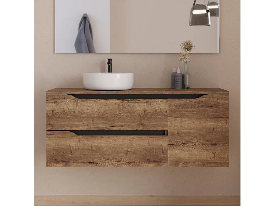 Meuble de salle de bain 120cm avec plateau et vasque à poser à gauche Ares - sans miroir - 2 tiroirs et un placard - tabaco (bois foncé) - ZARZA