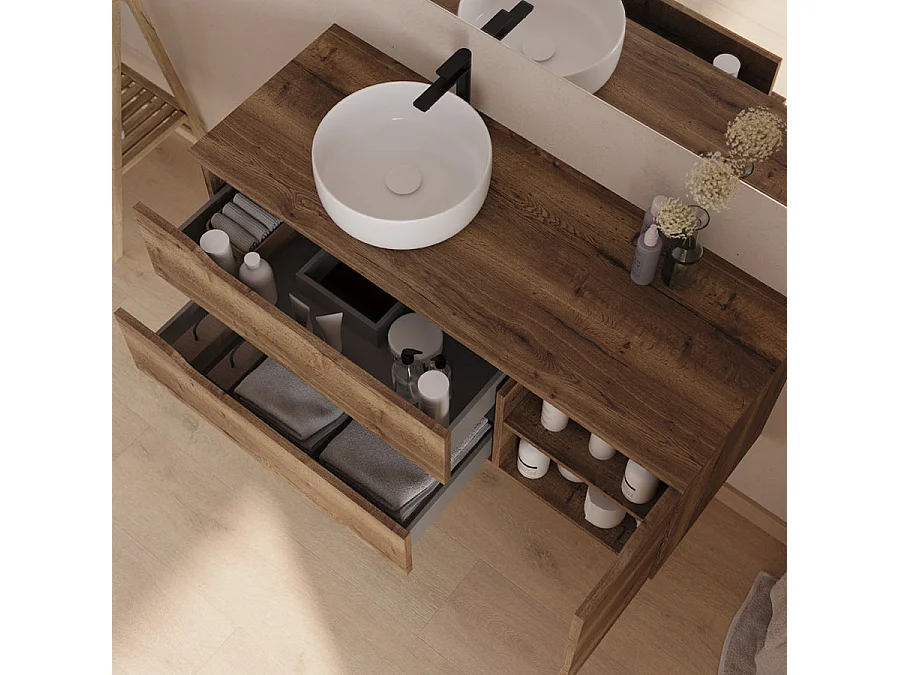 Meuble de salle de bain 120cm avec plateau et vasque à poser à gauche Ares - sans miroir - 2 tiroirs et un placard - tabaco (bois foncé) - ZARZA