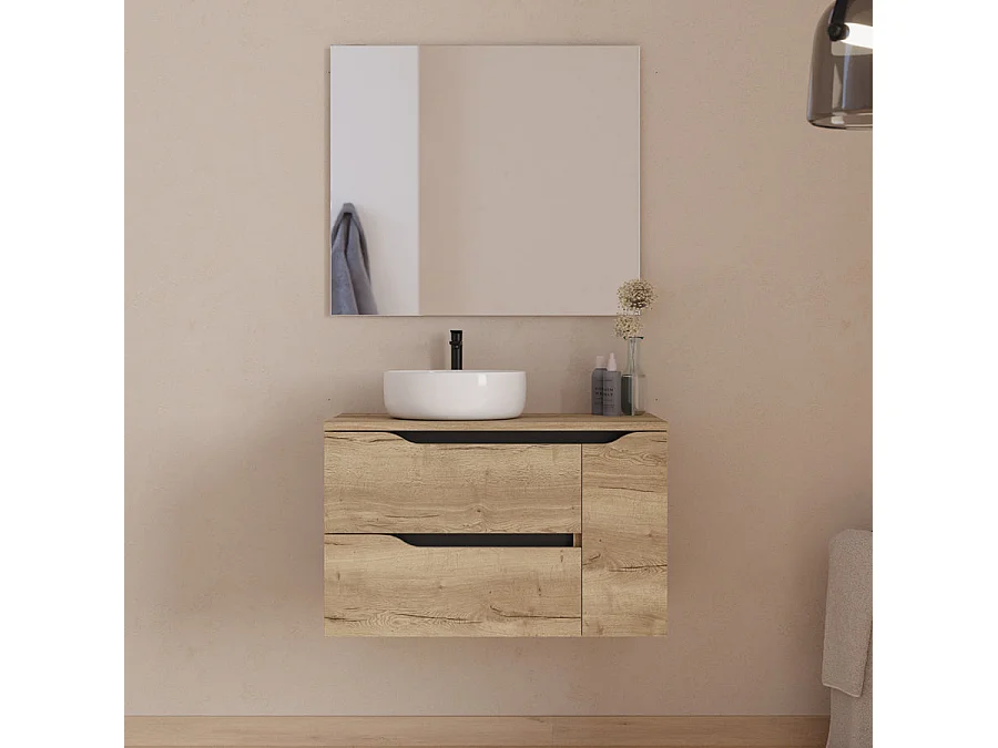 Meuble de salle de bain 80cm avec plateau, vasque à poser déportée à gauche Ares et miroir - 2 tiroirs et un placard - madera miel (bois clair) - ZARZA