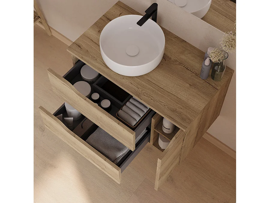 Meuble de salle de bain 80cm avec plateau, vasque à poser déportée à gauche Ares et miroir - 2 tiroirs et un placard - madera miel (bois clair) - ZARZA