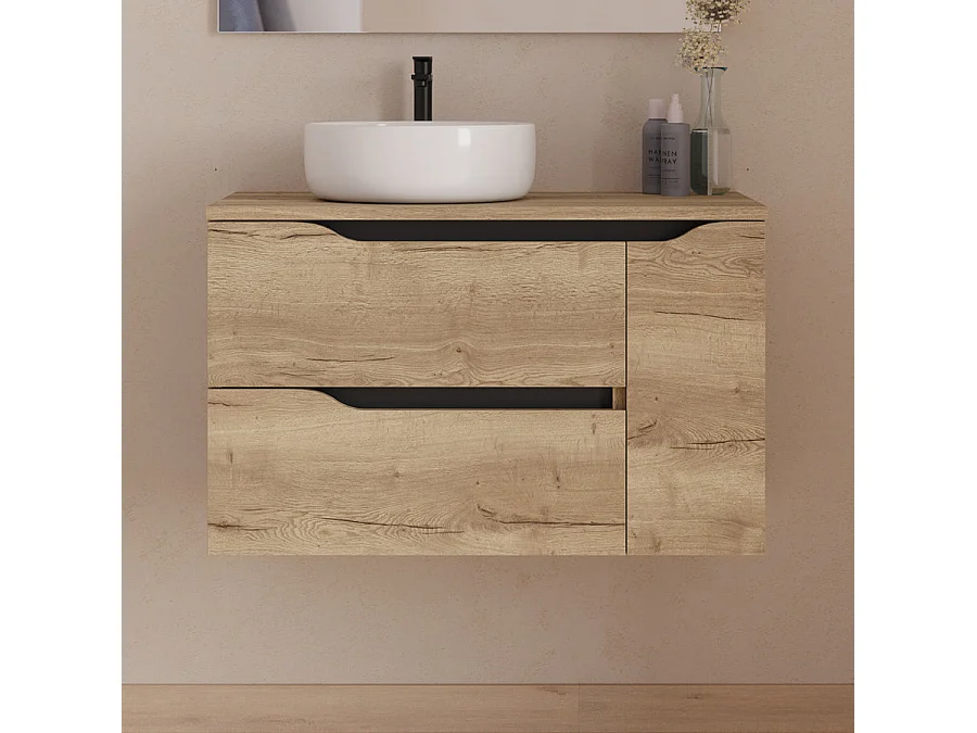 Meuble de salle de bain 80cm avec plateau, vasque à poser déportée à gauche Ares et miroir - 2 tiroirs et un placard - madera miel (bois clair) - ZARZA